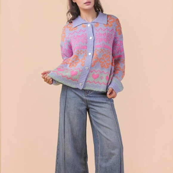 New In Oversized Button Down Pastel Graphic Knit Sweater Top - Picture 4 of 7